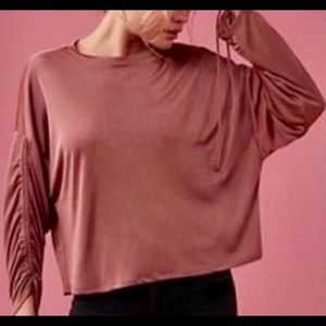Express Satin Ruched Drawstring 3/4 Sleeve Top in Dusty Rose